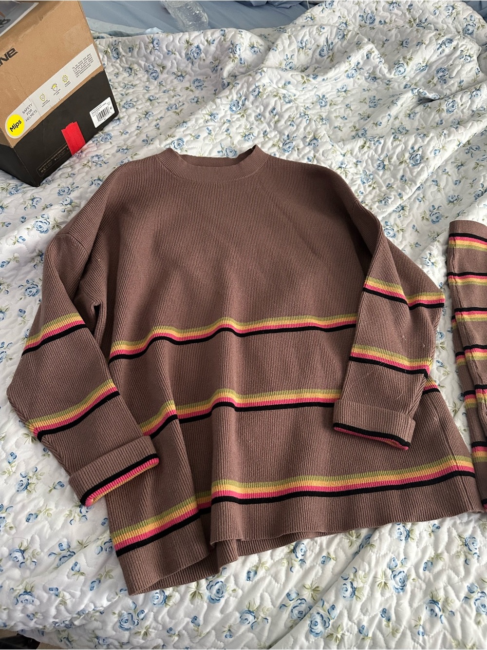 Cozy Taupe Knit Lounge Set with Multicolor Stripes - Picture 3 of 5